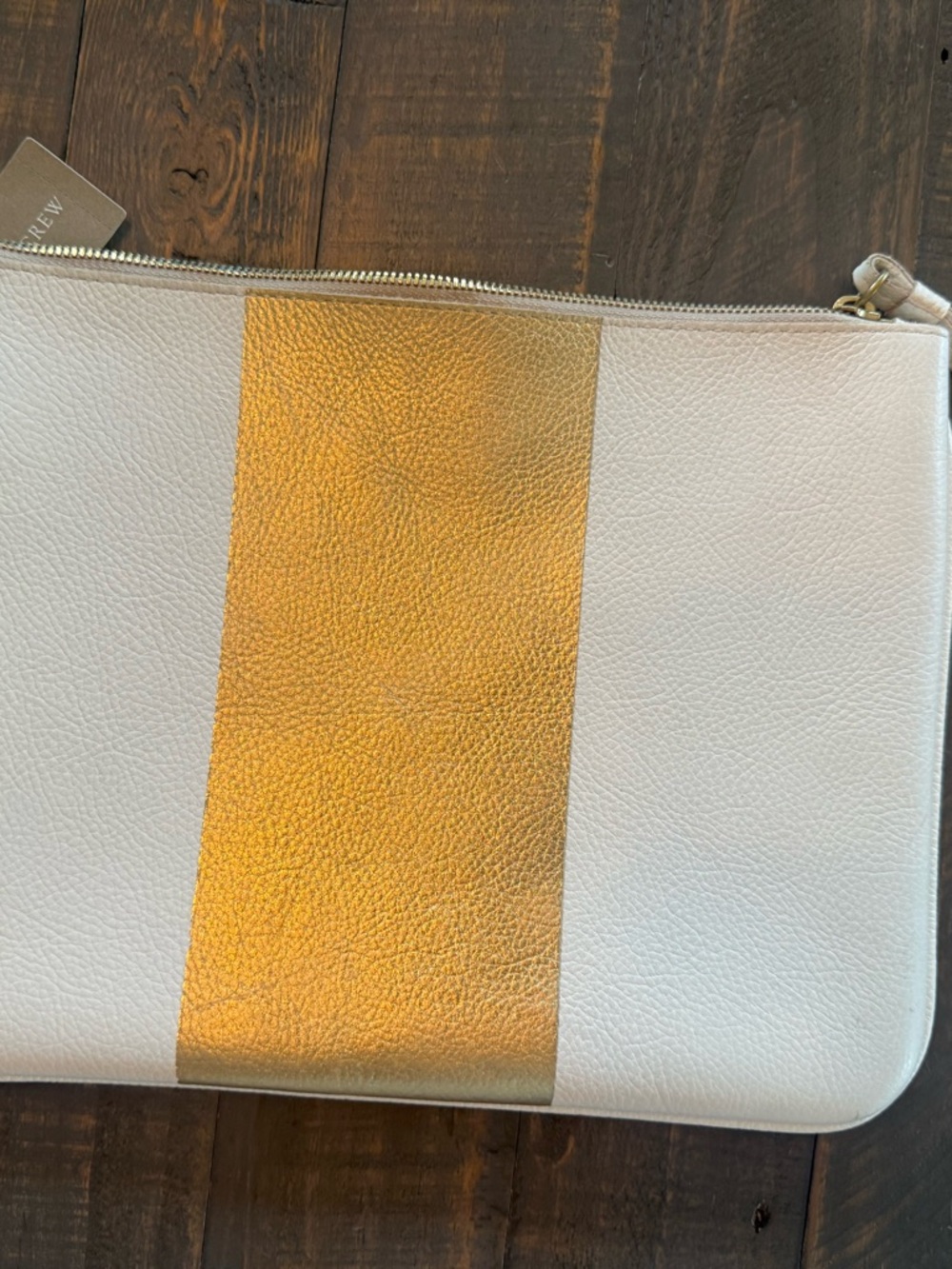 J. Crew ivory and gold stripe zipper leather pouch nwt